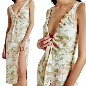 Abercrombie Floral Babydoll Slip Dress Midi Cinched Neck Side Slit Size L